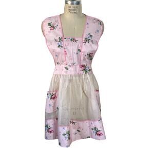 Vintage Hostess Apron in Pink Floral with Sheer Front